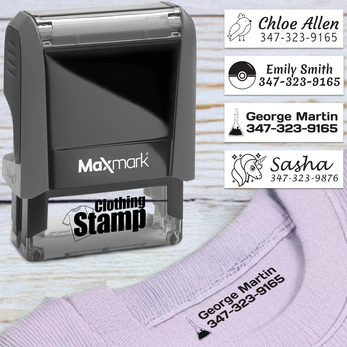 MaxMark Laundry Stamp Personalized Text Clothing Marker - Choose from Many Fonts and Icons