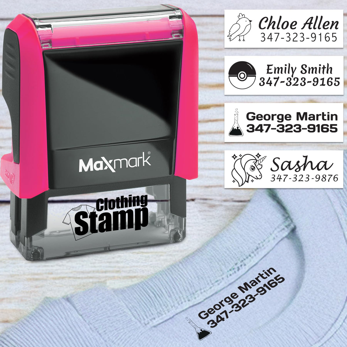 MaxMark Laundry Stamp Personalized Text Clothing Marker - Choose from Many Fonts and Icons