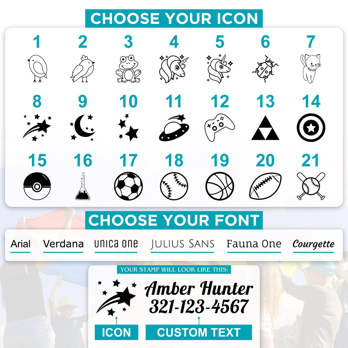 MaxMark Laundry Stamp Personalized Text Clothing Marker - Choose from Many Fonts and Icons