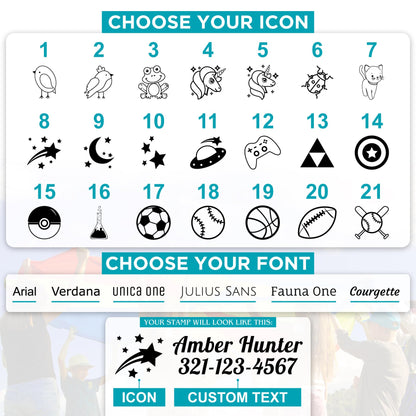 MaxMark Laundry Stamp Personalized Text Clothing Marker - Choose from Many Fonts and Icons