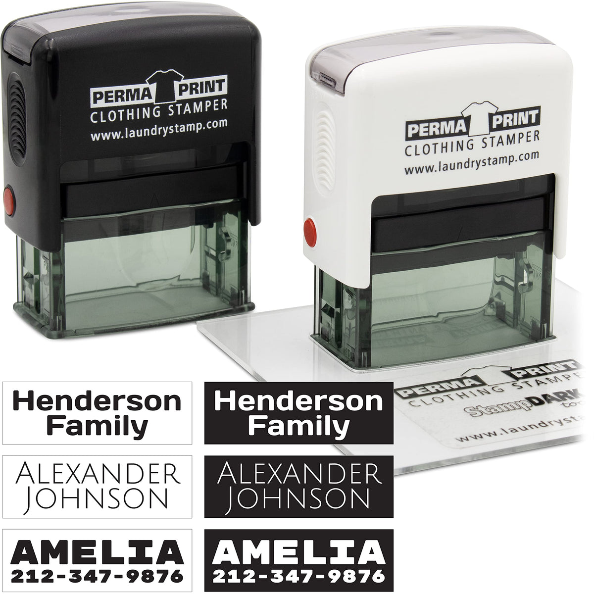 PermaPRINT Dual Clothing Stamper (1 Black Ink Stamp, 1 White Ink Stamp) Includes Free StampDARK Tool