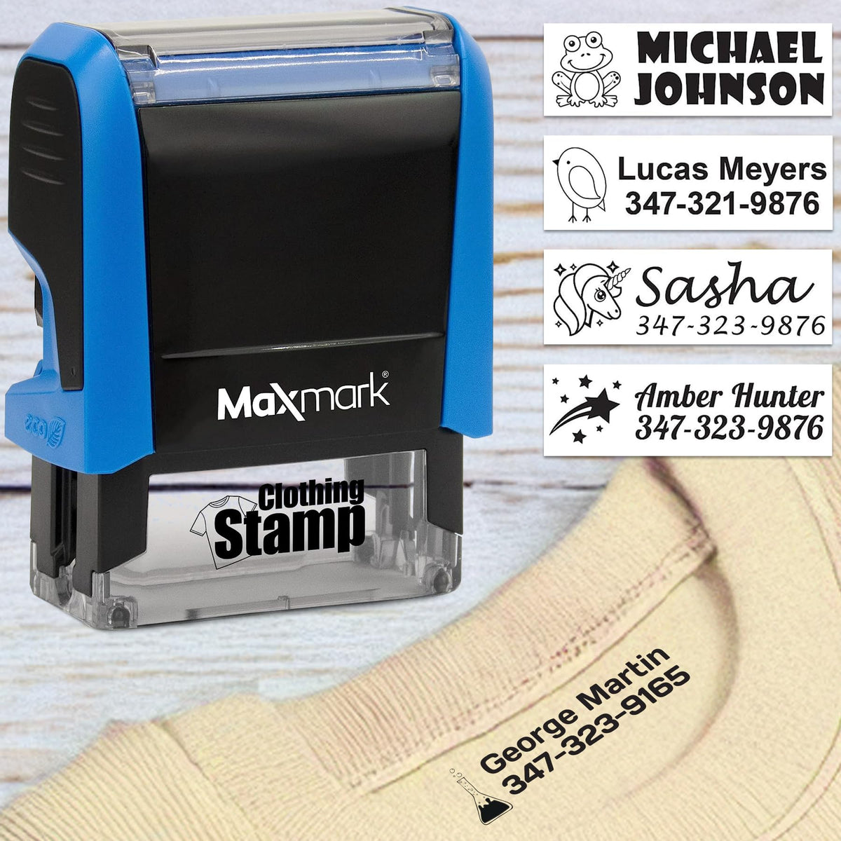 MaxMark Laundry Stamp Personalized Text Clothing Marker - Choose from Many Fonts and Icons