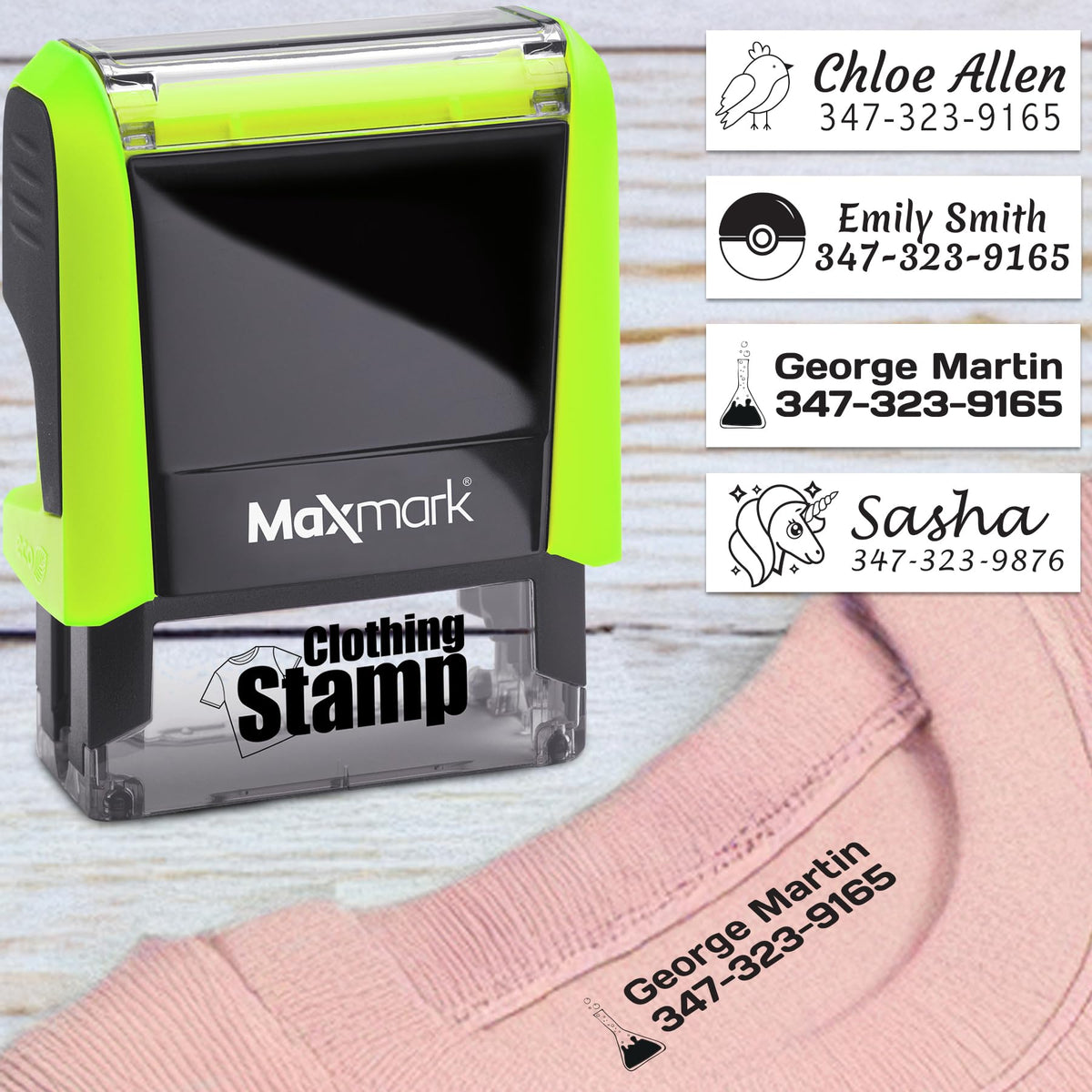 MaxMark Laundry Stamp Personalized Text Clothing Marker - Choose from Many Fonts and Icons