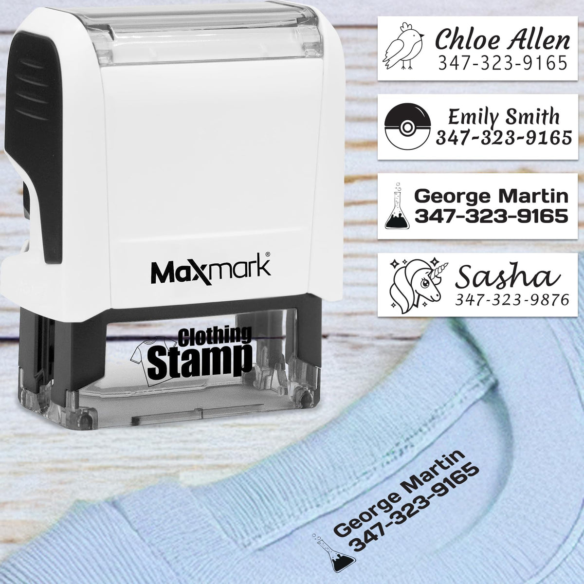 MaxMark Laundry Stamp Personalized Text Clothing Marker - Choose from Many Fonts and Icons