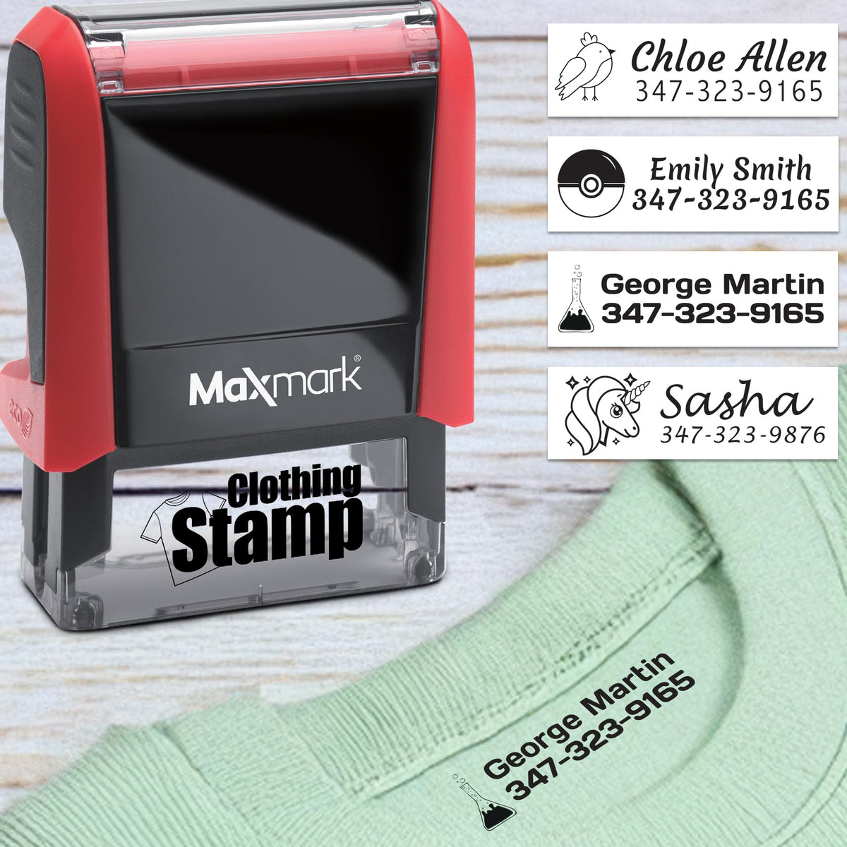 MaxMark Laundry Stamp Personalized Text Clothing Marker - Choose from Many Fonts and Icons